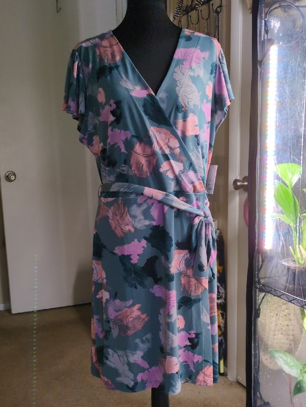 Floral Wrap Dress in Teal with Pink Accents